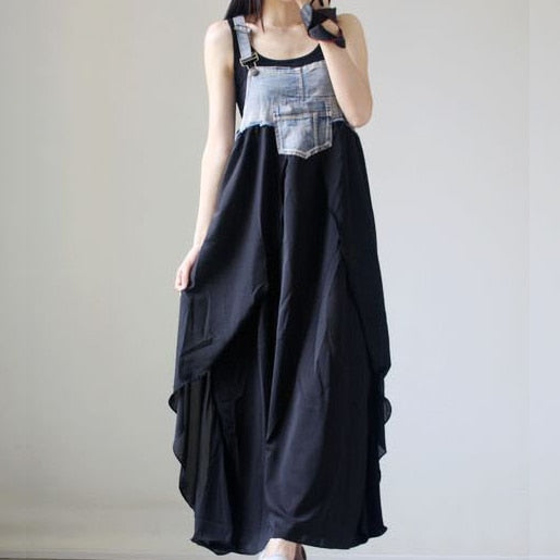 Women Summer Braces Dress Deni Chiffon Patchwork Ma Dress Asymmetrical Botto High Waist Loose Casual Beach Dress Vestido