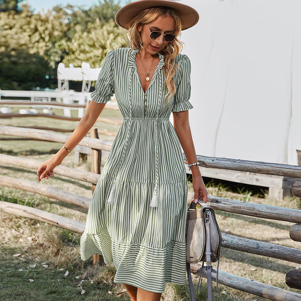 Women Summer Dress Loose Striped Print Ruffles Sleeves Dresses Elegant A Line Patchwork Beach Party Female Dress Vestidos