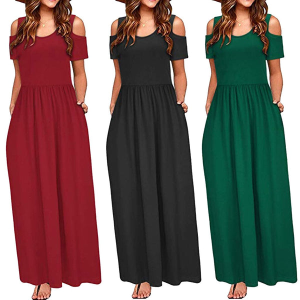 Women Summer Sundress Cold Shoulder Robe Longue Floral Print Dresses Elegant Maxi Long Dress Pocket Dress Vestido De Mujer