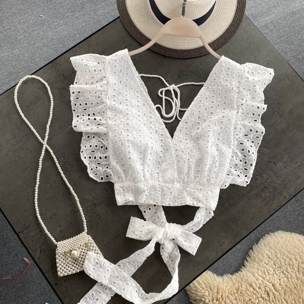 Women V-neck Hollow Ruffles Blouse Big Halter High Waist Mini OL Pleated Tank Shirt Backless Lace Up Crop Tops Sleeveless Blusas