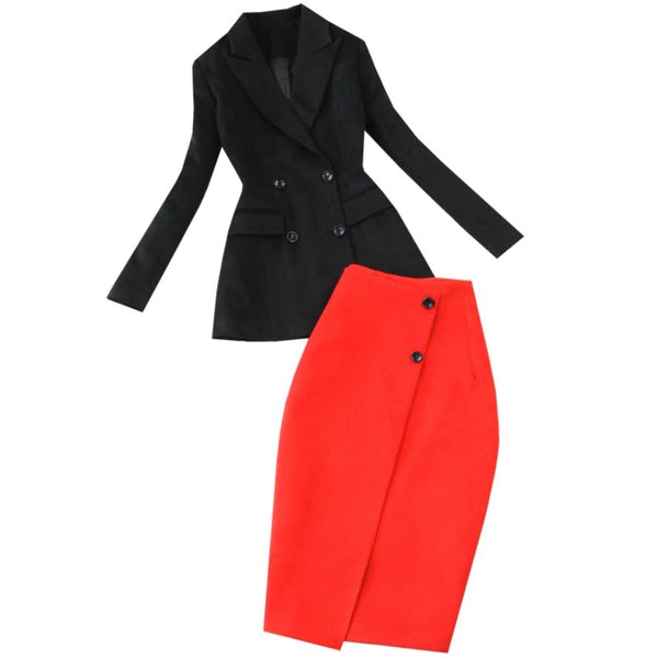 Women autumn winter double breasted wool blends blazer + pencil package hip skirt OL wind suit 2 pieces set