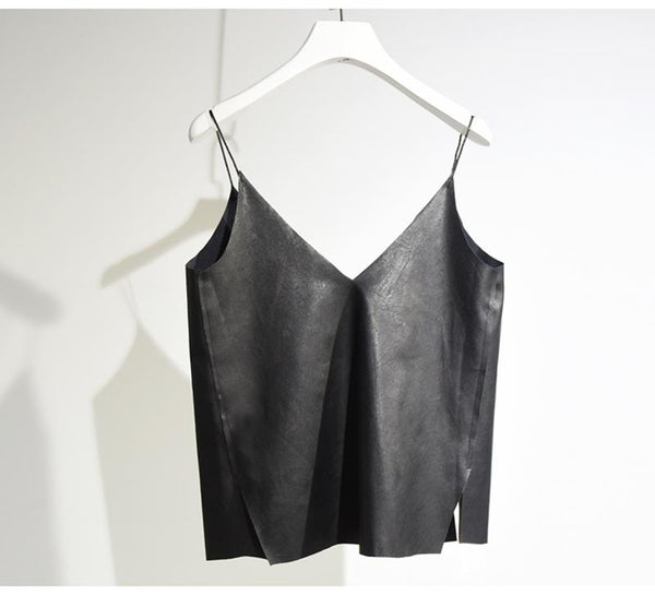 Women's Brief V Neck Camisole 2022 Summer Casual Ladies Faux Leather Bottoming Shirt Sides Splits Black Vest For Girls SH158
