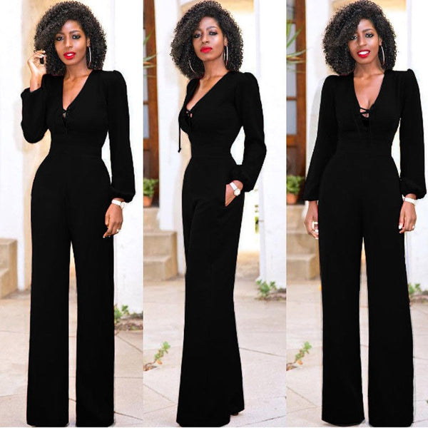 Women's Play suit Evening Party Ladies Long Jumpsuit Long Sleeve V-Neck Formal Lacing Romper Pants
