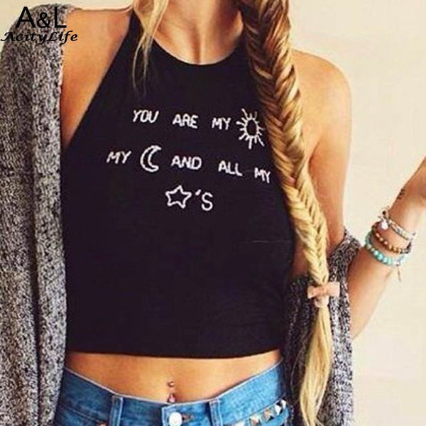 Women's Sleeveless Tops O-neck Crop Tank Tops Latter Print Backless Straps Tops 2022 Plus Size Sexy Lady Printing Top