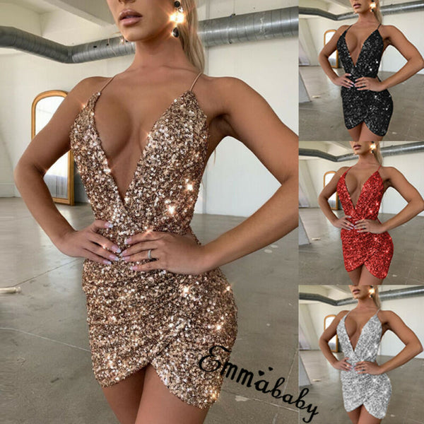 Women's Spaghetti Strap Deep V Neck Sequins Glitter Short Dress Sparkly Bodycon Evening Party Club Wear Dress