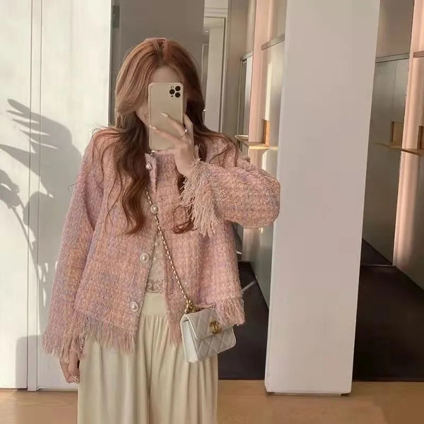 Women's Spring Tweed Outerwear Tassel Design Sense Versatile Female Suit Coat