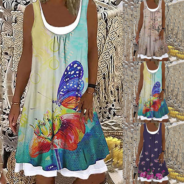 Women's Summer  Casual Round Neck Print Sleeveless Splicing Dress 2022  able  Summer Dresses For Women