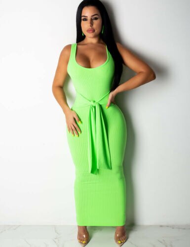 Womens Bandage Sleeveless Maxi Dress Ladies 2022 Summer Evening Party Long Tank Dresses Female Belt Sundress Solid Color S-XL