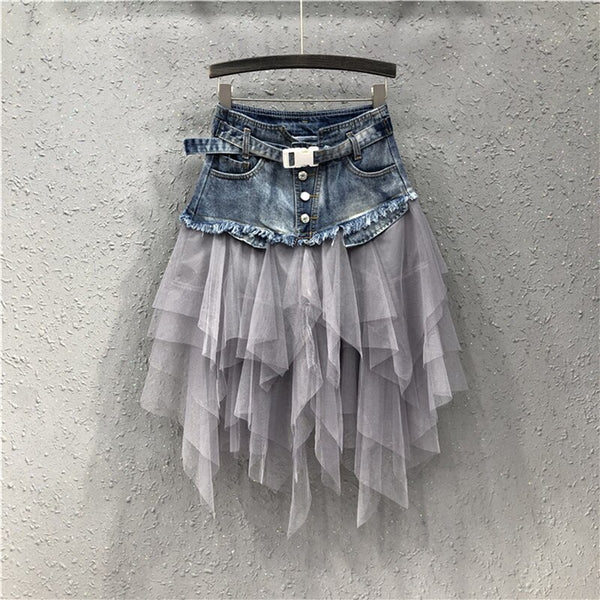Womens Denim Skirts Plus Size Asymmetrical Mesh Patchwork Pocket High Waist Pleated Midi Skirt Streetwear Ladies Jeans Skirts