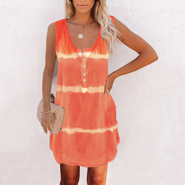 Womens Korean Dress Vintage Tank Tie-dye O-neck Summer Casual Sleeveless Loose Tee With Button Dresses For Women Casual