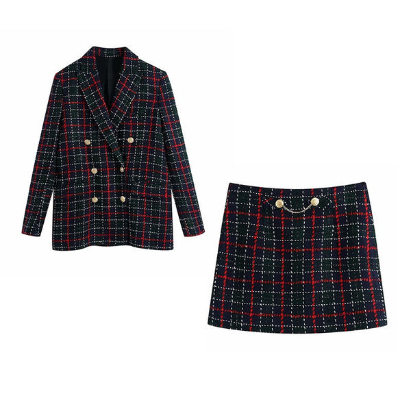Womens Plaid Blazer Sets Double Breasted Top+High Waist Mini Skirts Street Style Elegant 2022 Autumn Spring
