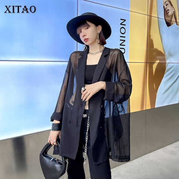 XITAO Solid Color Women Blazer Summer Perspective Sun Protection Loose Casual 2022 Trendy All-match Top WMD0759