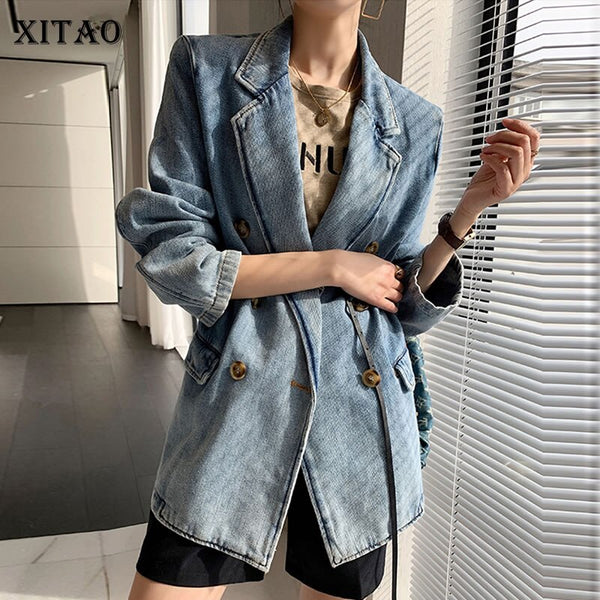XITAO Solid Double Breasted Denim Blazers Korea 2022 Autumn Personality Slim Blazer Coat Women WMD2398