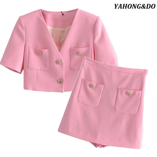 ZA Women Pink Tweed 2 Piece Set Women Office Short Sleeve Pocket Decoration Blazer Coat +Side Zipper Short Skirt Chic Lady Suit
