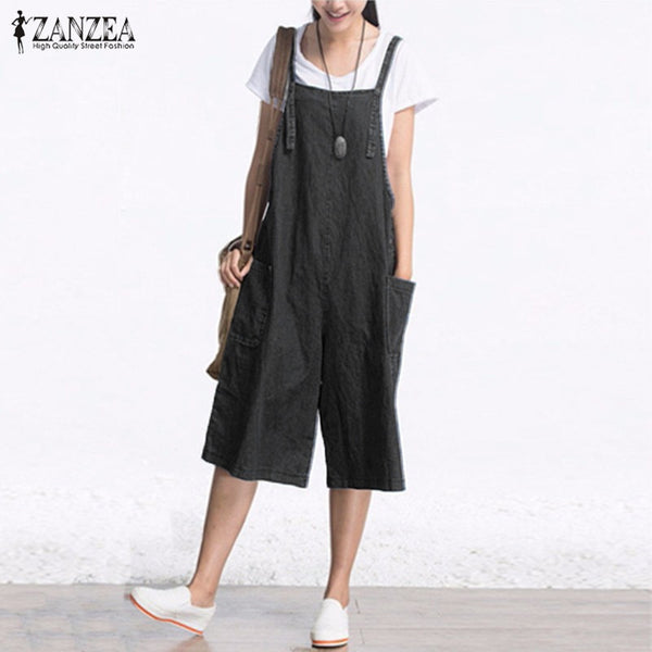 2022 Autumn Denim Rompers Womens Jumpsuit Sexy Sleeveless Wide Leg Playsuit Calf Length Overalls Plus Size S-5XL