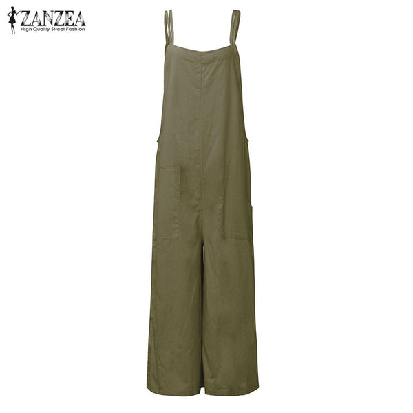 New Summer Rompers Women Jumpsuits Plus Size Sleeveless Straps Pockets Solid Wide Leg Retro Full Length Overalls