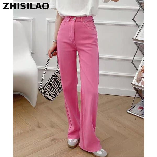 ZHISILAO Rose Red Straight Wide Leg Jeans Women Plus Size Vintage Baggy Boyfriend High Waist Denim Pants Jeans Chic