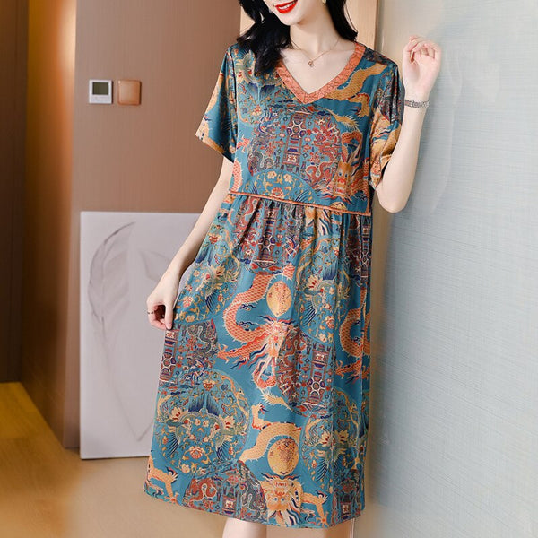 ZUOMAN Summer Print 5XL Plus Size Mulberry Silk Dress Women Elegant Bodycon Party Vestidos Boho Vintage Loose Midi Dresses