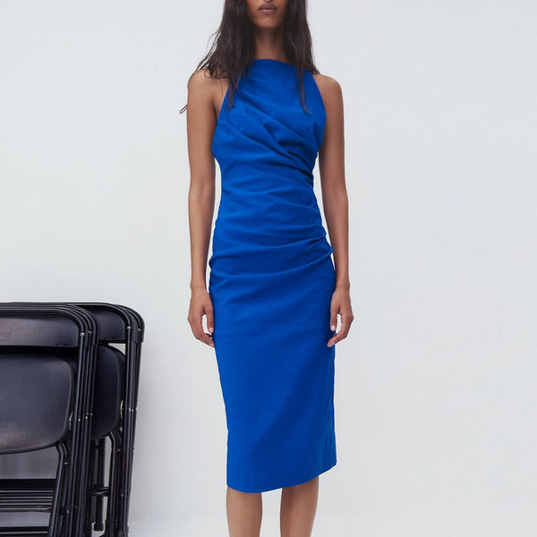 Za Pleated Women Dress Blue Slip Evening Party Dress Elegant Backless Ruched Summer Dresses 2022 Sexy Night Club Outfits