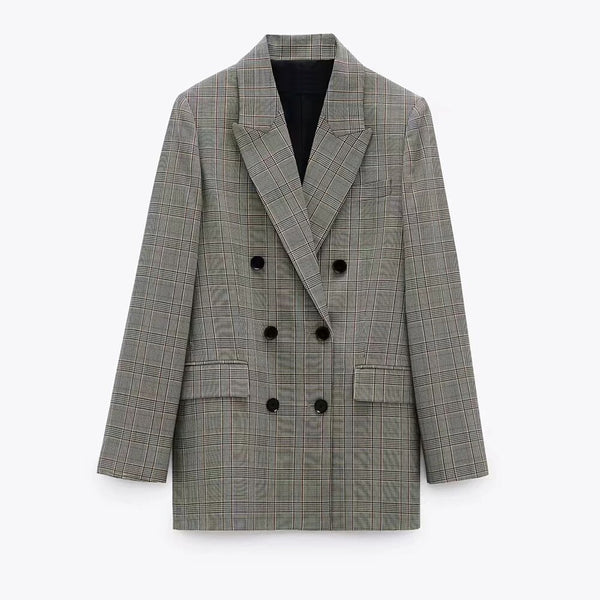 Za women check blazer grey lapel collar long sleeves Blazer front flap pockets double-breasted fastening with contrast buttons