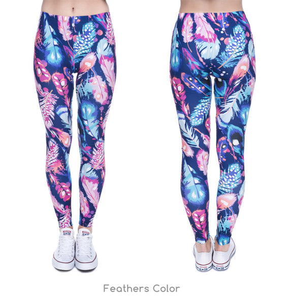 High Quality Leggings Feathers Color Printing Fitness Legging Elasticity Leggins High Waist Slim Sexy Legins Trouser Pants