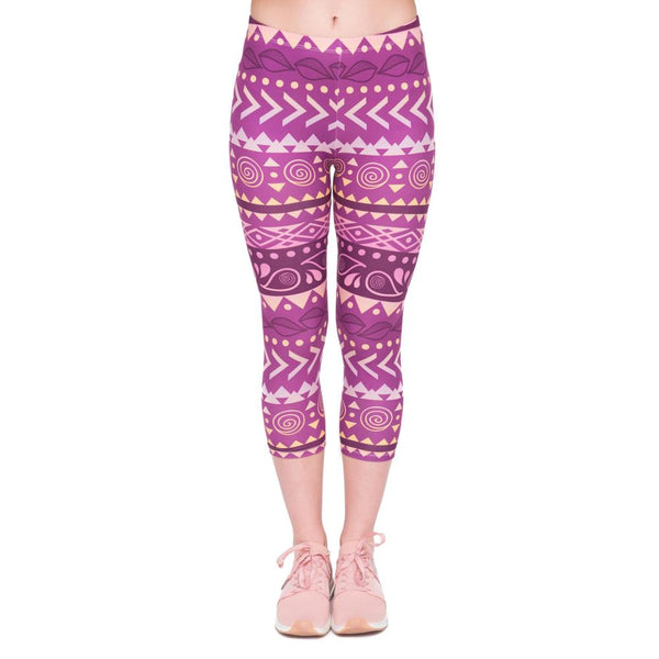Summer Fashion Women Capri Leggings Boho Purple Printing Sexy Mid Leg 3/4 Fitness Movement Leggins Woman Capri Pants