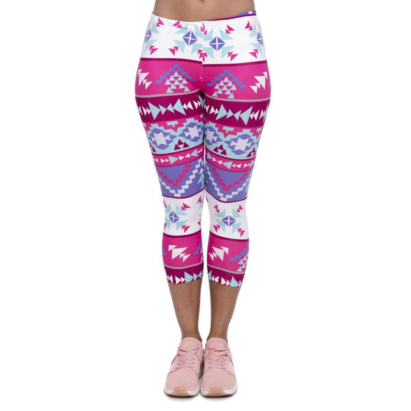 Summer Women Capri Leggings Boho Pink Printing Sexy Mid Leg 3/4 Movement Leggins Fashion Capri Pants