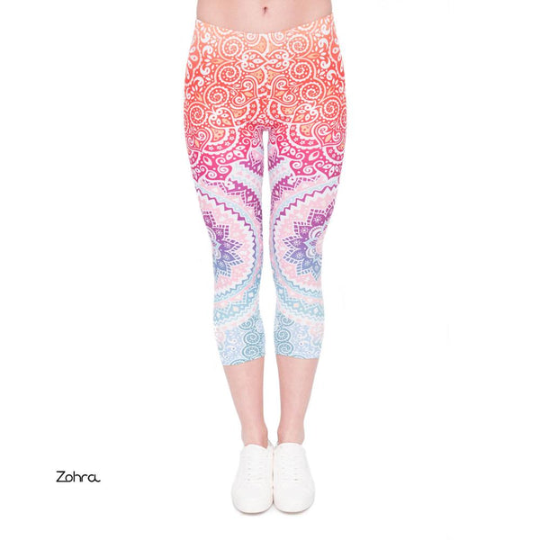 Women Capri Leggings Aztec-Round-Ombre Printing Mid-Calf Fitness Movement Leggins Capri Pants