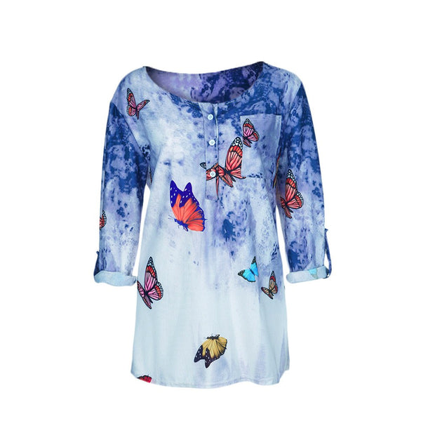 blusas mujer de moda 5XL plus size Long Sleeve Butterfly Printed Blouse Shirt Autumn Round Neck Pullover Tops With Button