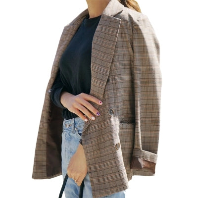 high quality Women Spring autumn Plaid Long Loose Blazer double breasted Blazer Long Sleeve Suit Jacket Female Casual Coat