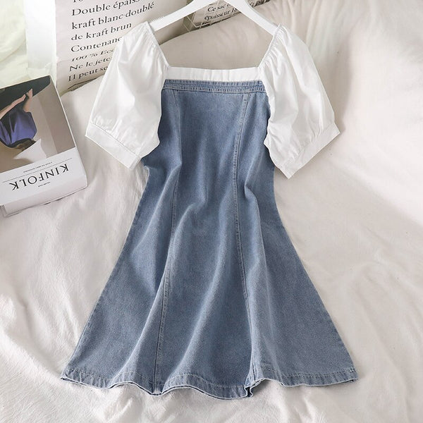 off-Shoulder Dress Sexy off-Shoulder Summer Internet Celebrity Fake Two-Piece Square Collar Stitching Puff Sleeve Denim