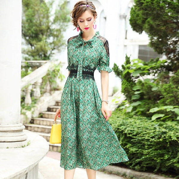 print Floral A-line lady silk dress 2023 sweet young dress women's summer age reduction Simplicity beauty lace skirt