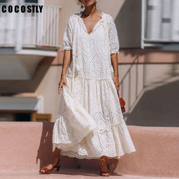 woman dress white long boho dress ladies V-neck Hollow Out Embroidery summer dress 2022 maxi dresses for women robe femme