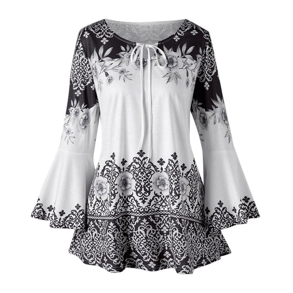 woman plus size blouses and shirts 2022 Autumn Floral Printed Flare Sleeve Top Keyhole Long Sleeve Shirts Blusas Feminina Camisa