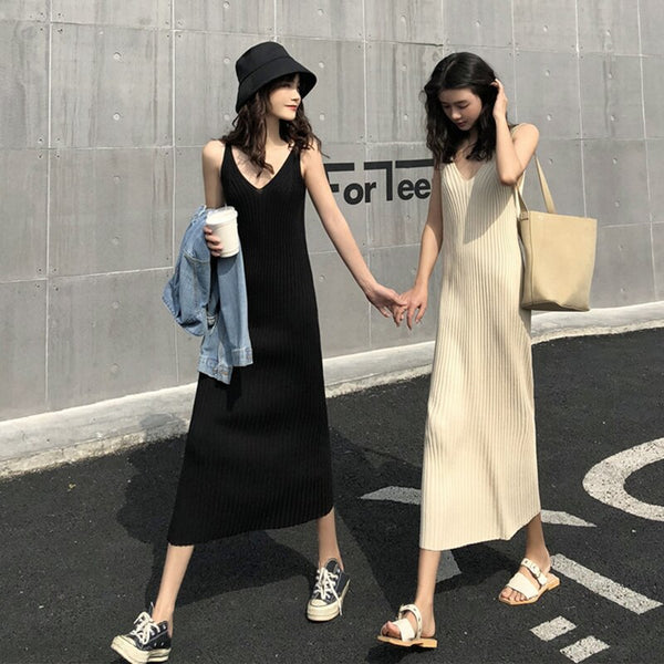 women knit strap long dress 4659#