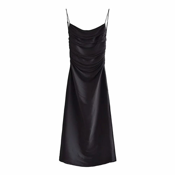 xikom 2022 Summer Elegant Women Vintage Satin Folds Black V-Neck Dress Female Slim Backless Casual long Dresses