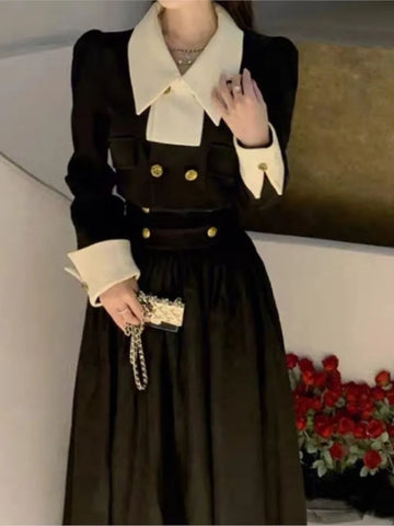 2 Piece Dress Set Women Casual Elegant Vintage Black Midi Dress Korean Clothes Y2k Crop Top Short Coats + Skirt  Spring Chic
