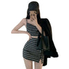 2 Pieces Set Summer Women Plaid V Neck Sleeveless Camisole Crop Top with Side Split High Waist Mini Skirt