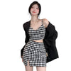 2 Pieces Set Summer Women Plaid V Neck Sleeveless Camisole Crop Top with Side Split High Waist Mini Skirt