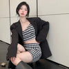 2 Pieces Set Summer Women Plaid V Neck Sleeveless Camisole Crop Top with Side Split High Waist Mini Skirt