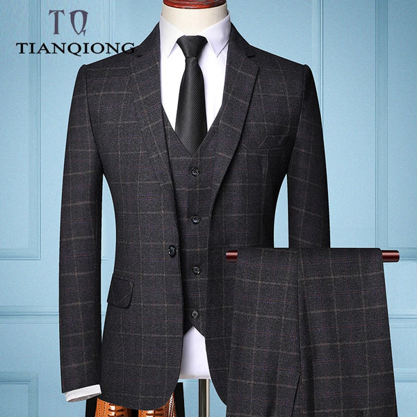 Three-piece Male Formal Business Plaids Suit for Men's  Boutique Plaid Wedding Dress Suit ( Jacket + Vest + Pants )