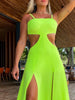 2023 New Women's Sexy Vacation Dress Solid Long Dress Cut Out Exposed Waist High Slit Suspender Long Skirt