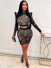 Long Sleeve Mesh Maxi Bodycon Elegant Party Sparkly Rhinestone For Birthday Dress Sexy Club Two Piece Sets Womens Outifits