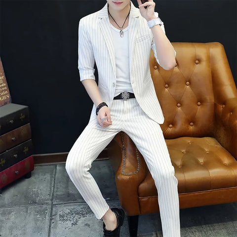 Men's Half Sleeve Casual Suit Summer Thin Korean Style Striped Suit Two-Piece Suit