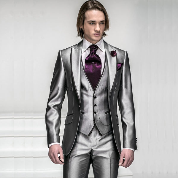 Style One Button Shiny Business Men Suit Men's Wedding Prom Suits Bridegroom 3 Pieces(Jacket+Pant+Vest+Tie)