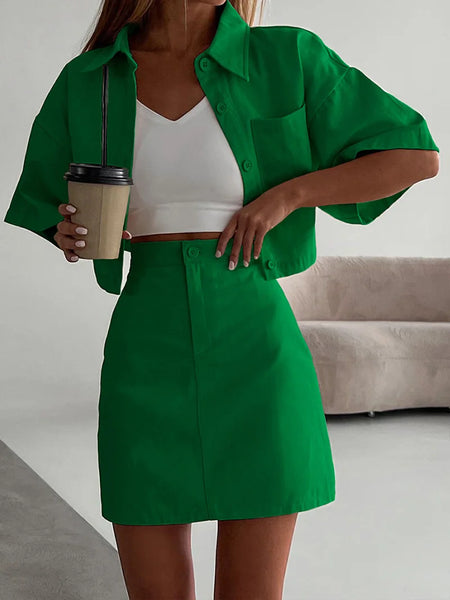 Spring Summer Women Solid Green Office Mini Skirt Set Outfits Crop Tops 2 Two Piece Female