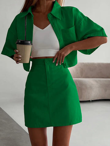 Spring Summer Women Solid Green Office Mini Skirt Set Outfits Crop Tops 2 Two Piece Female