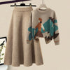 Winter  Cartoon Printed Knitted Sweater Pullover Slim Fit Knitted Skirt Two Piece Elegant Women's Party Dress
