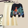 Winter  Cartoon Printed Knitted Sweater Pullover Slim Fit Knitted Skirt Two Piece Elegant Women's Party Dress