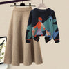 Winter  Cartoon Printed Knitted Sweater Pullover Slim Fit Knitted Skirt Two Piece Elegant Women's Party Dress